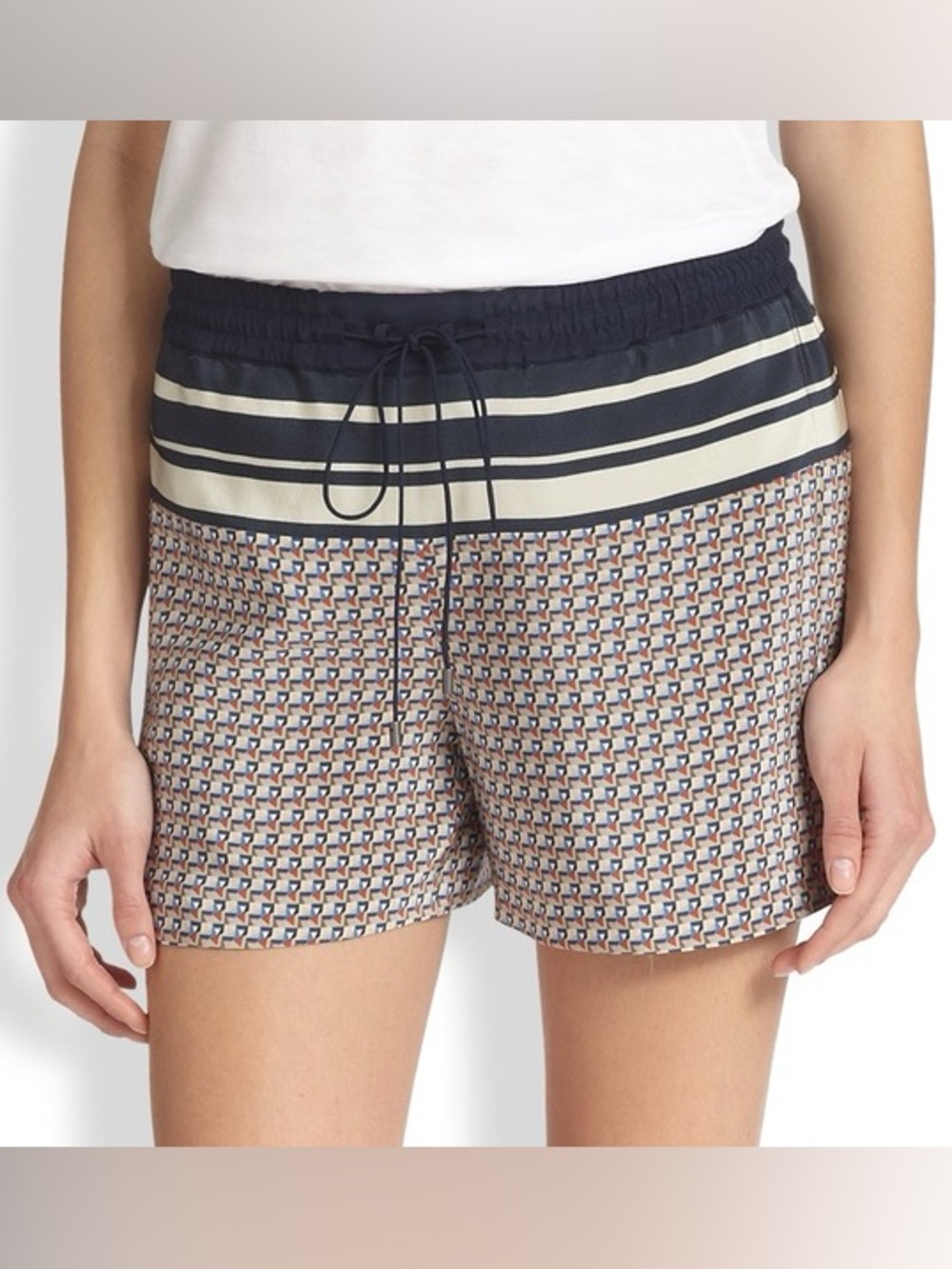 Vince Women's XS Navy Coastal Patterned Drawstring 100% Silk Shorts- NWOT